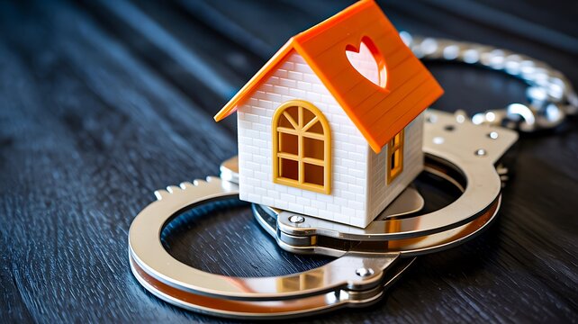 House model with handcuffs representing property seizure foreclosure and legal housing issues