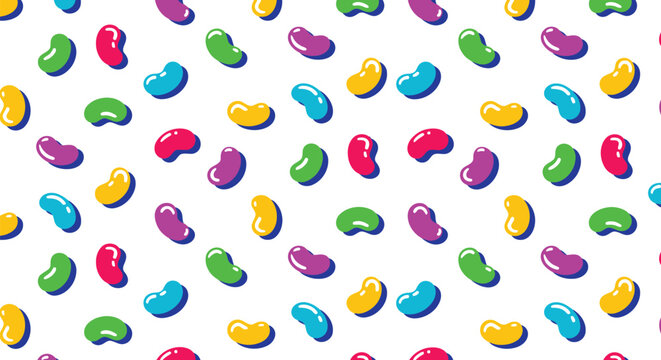Colorful jelly bean scatter pattern on white background