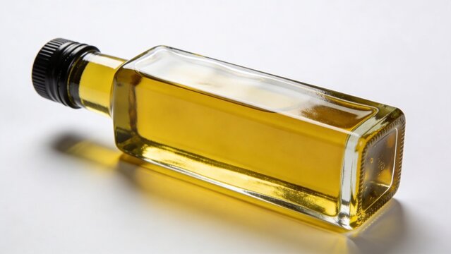 Small rectangular glass bottle filled with golden olive oil on white background
