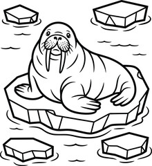 Cute walrus sitting on an ice floe in the arctic ocean surrounded by floating chunks, coloring page for kids and book, sea animal © lok0077