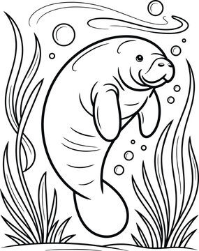 Smiling manatee swimming underwater with sea grass and bubbles, a gentle creature for a coloring book and clip art, marine mammal