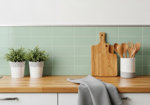 Potted herbs and kitchen utensils on a wooden countertop