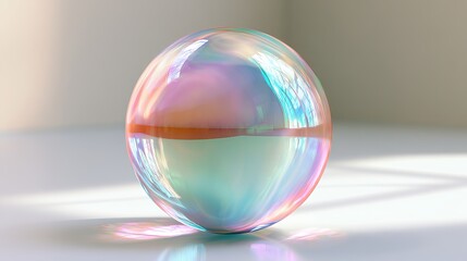 Fototapeta premium A colorful glass sphere sitting on a white surface with light shining through it