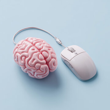A wired computer mouse connected to a brain