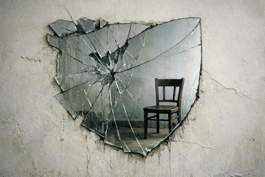 A broken mirror with a chair sitting inside, suggesting disarray and chaos