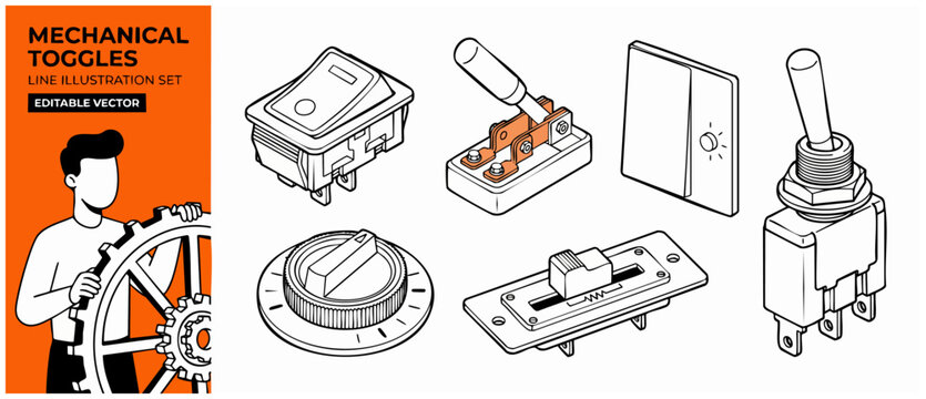 Mechanical switches line vector set of engineering equipment toggles, electric power controllers, rotary dial knobs, slide faders, and knife switches for technical industrial schematic user interfaces