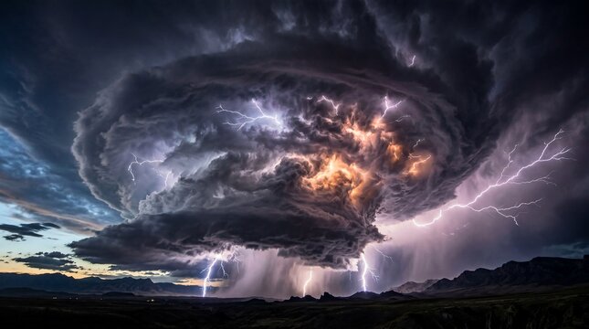 A dramatic, stormy scene with a darkened sky, filled with swirling, menacing clouds