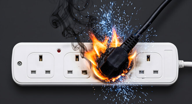 Black electrical plug smoking and sparking with intense flames connected to white power strip outlet box.