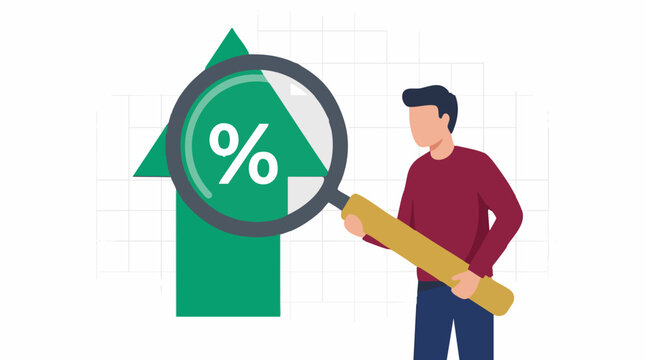 Man analyzing financial growth and interest rates with magnifying glass