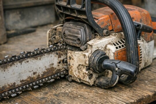 A chainsaw sits atop a wooden table, ready for use