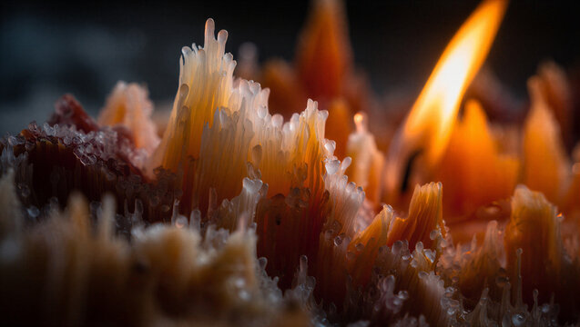 Macro view of wax candle flames burning with crystalized textured surface peaceful atmosphere abstract close-up illumination relaxation meditation spiritual artistic background