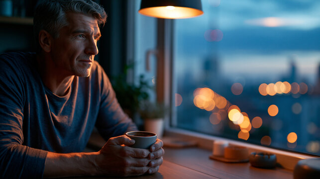 Middle-aged man alone in a quiet kitchen at sunrise holding a coffee cup, calm solitude before dawn with the sleeping city visible through the window realistic photo