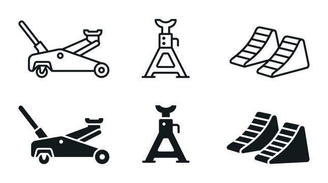 Automotive maintenance tools icons set featuring hydraulic floor jacks jack stands and wheel chocks, automotive