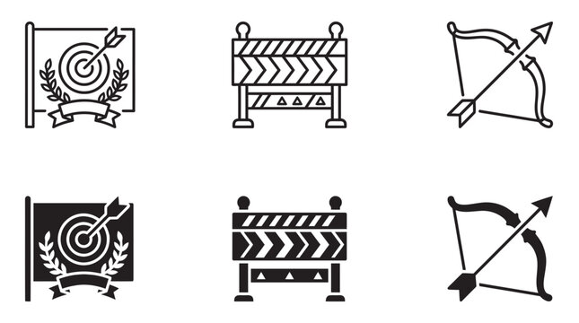 Vector icon set of success targets road barriers and archery gear in linear and solid styles with achievement, military
