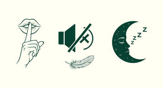 Set of Minimalist Green Icons Representing Silence Peace Sleep and Mute Concept for Web and Design
