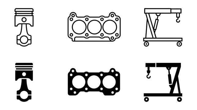 Automotive engine parts and workshop equipment icon set with automotive mechanical workshop maintenance mechanic