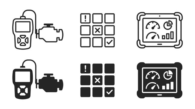 Diagnostic tools and vehicle performance monitoring icons set with diagnostic performance monitoring dashboard