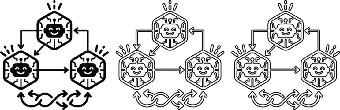 Swarm intelligence robot network icon set with hexagon circuit modules and collaborative flow chart.