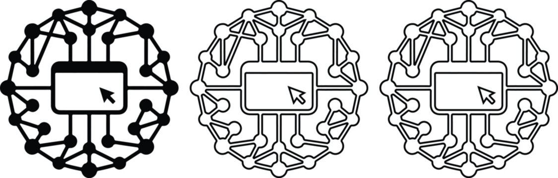 Artificial intelligence network icon, central processing unit with connected nodes, black and white.