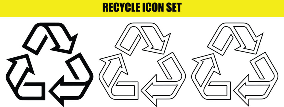Recycle icon set with three chasing arrows forming a triangle, in black, white, and outline.