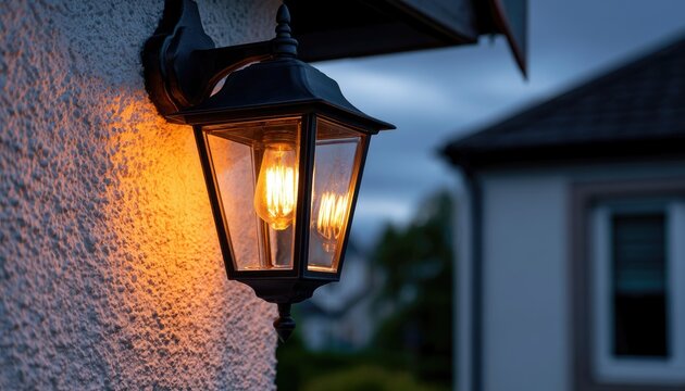 Ornate exterior wall lamp with warm light illuminates textured house exterior