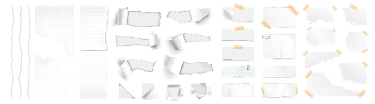 Set of torn and ripped white paper sheets with rough, uneven edges on transparent background.