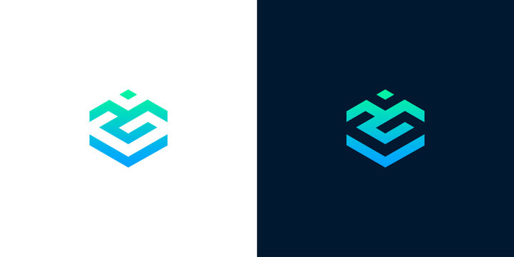 Abstract geometric logo design in blue and green gradient with a hexagonal shape, suitable for technology or business branding