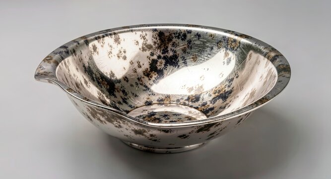 Tarnished vintage silver bowl with beautiful mottled patina on grey background.

