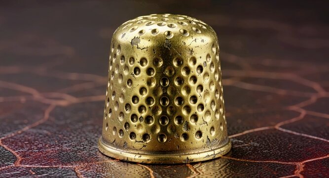 Vintage gold brass thimble resting on a textured dark leather surface.

