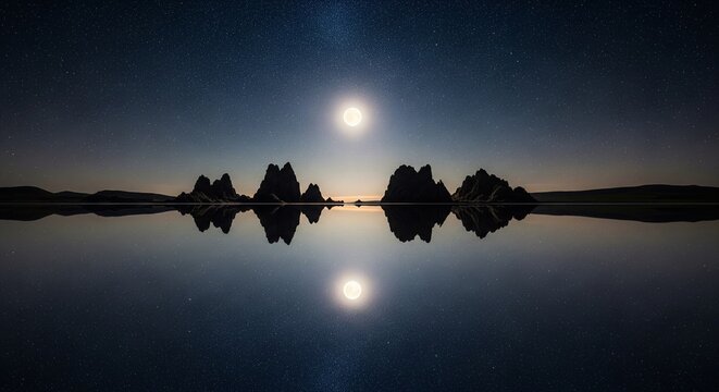 Symmetrical silhouette of rocky mountains reflecting in a vast, calm body of water at night under a glowing full moon and soft starry sky.