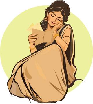 Illustration of a Bengali woman wearing a traditional saree and jewelry, sitting and reading a letter with a thoughtful expression. Clean vector-style artwork with soft colors and a simple background,