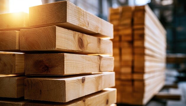 Stacked unfinished lumber indoors, warm sunlight highlighting wood grain