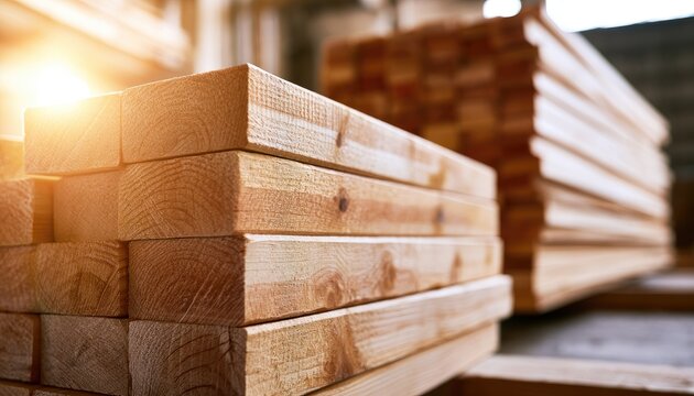 Stacked, smooth lumber in a workshop bathed in warm sunlight