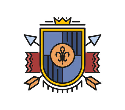 Heraldry shield and crossed arrow color line icon or pictogram. Ancient heraldry linear pictogram, antique Coat of Arms symbol. Royal medieval icon with royal lilly