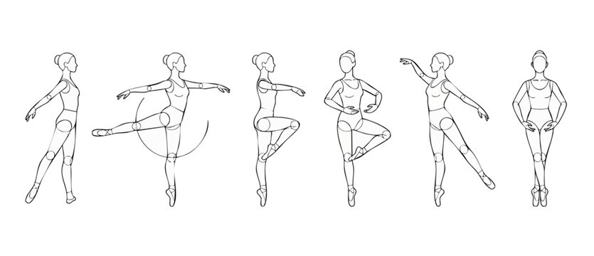 Ballet dancer drawing reference poses showing construction line art steps for sketching anatomy and figure study, isolated on white background for artists illustration and classical dance tutorial.