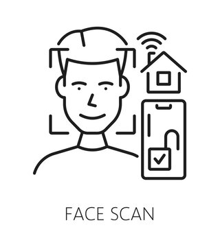 Face scan home security device line icon or pictogram. Alarm technology outline vector sign, safety equipment linear symbol. Home protection device icon or pictogram with man character, smartphone