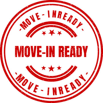 Red circular grunge stamp design featuring the bold text move in ready for real estate marketing