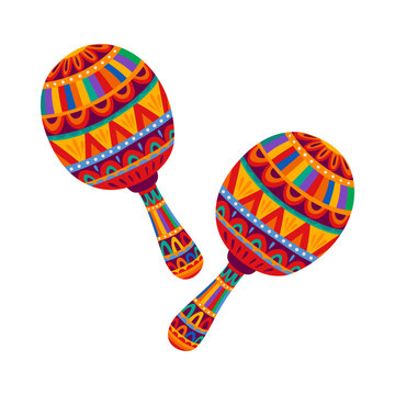 Mexican holiday colorful maraca musical instrument. Hispanic culture maraca, Mexican festival folk isolated vector music instrument. Cuba holiday maracas decoration with geometric colorful patterns