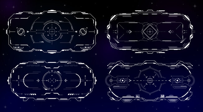 HUD aim control frame interface, futuristic game target screen set. Cyberpunk and Sci Fi game UI, digital aim control display, target indicators in neon frames with crosshair and arrows, HUD sight set