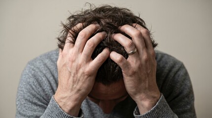 Fototapeta premium A man in a gray sweater holds his head in distress, conveying feelings of stress, anxiety, or frustration.