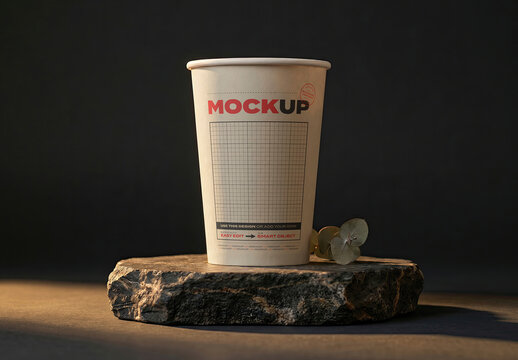 Elegant Takeaway Cup on Stone and Flower Mockup