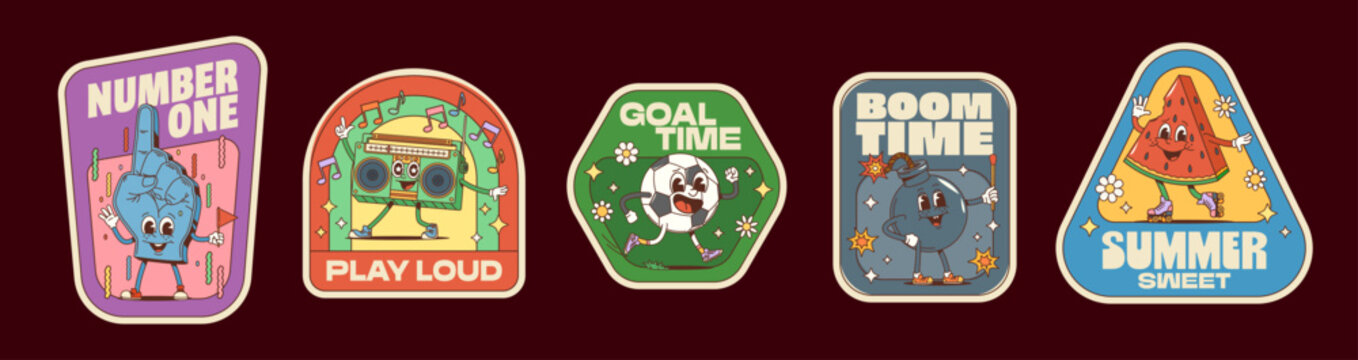 Groovy hippie label stickers, funny characters retro patches. Cartoon foam finger number one, boombox, soccer ball, exploding bomb and smiling watermelon slice conveying playful nostalgic summer vibes