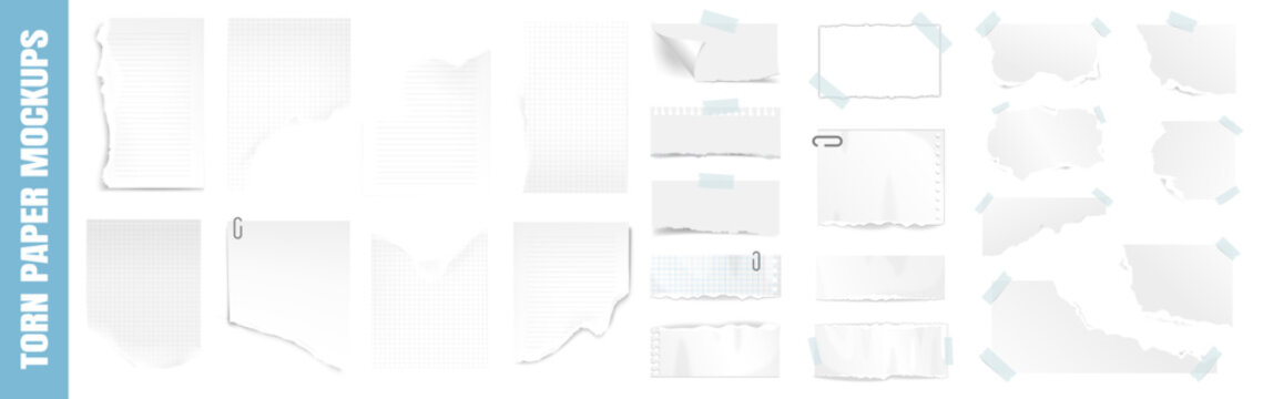 Collection of torn white paper sheets and scraps with tape and clips on transparent background.