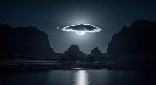 Bright moon hidden behind a small dark cloud over mountain lake