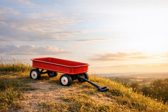 A vintage red wagon sits atop a lush green hillside, perfect for rural or country-themed projects