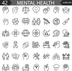 Fototapeta premium Mental health icon set featuring psychology, mindfulness, therapy, wellness, brain, stress, support, depression, emotion,