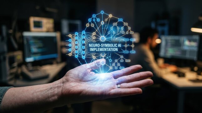 A hand holding a glowing neural network representing neuro-symbolic AI implementation in a dimly lit technology-focused environment
