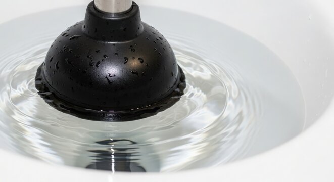 Plunger in water showing effective unclogging tool for blocked drain. Plunger features sturdy rubber handle and efficient suction cup for effective results.