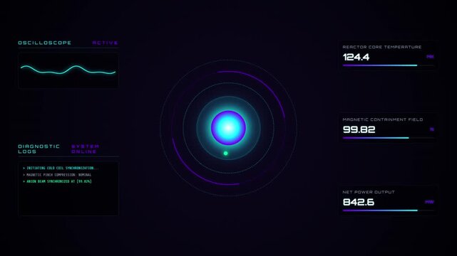 Futuristic interface with glowing blue circles and data charts on a dark background displaying motion graphics and animation