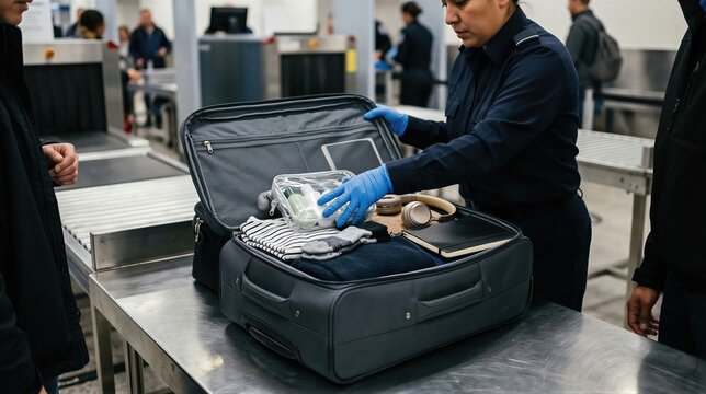 Customs officer inspecting luggage for contraband. Woman security agent examining open suitcase at airport checkpoint. Illegal item detection, border control and travel safety procedure concept.